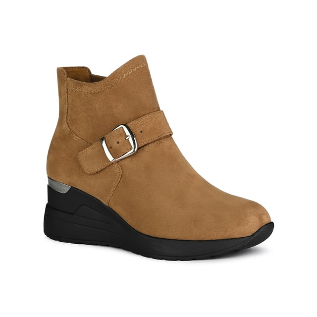 Unique Bargains Women's Platform Buckle Decor Wedge Heels Ankle Boots