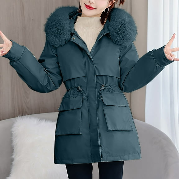 Women's Puffer Lightweight Coats with Pockets Lounge Solid Color Zip Up Parkas with Faux Fur Hood Long Winter Warm Coat with Elastic Belt Waist