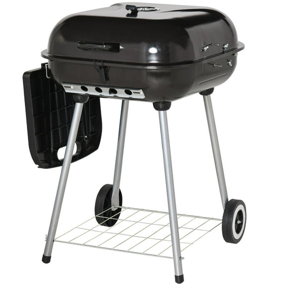 22" Portable Charcoal Barbecue Grill with Wheels, Side Tray & Lower Shelf - Ideal for Outdoor BBQ in Garden, Backyard, Poolside