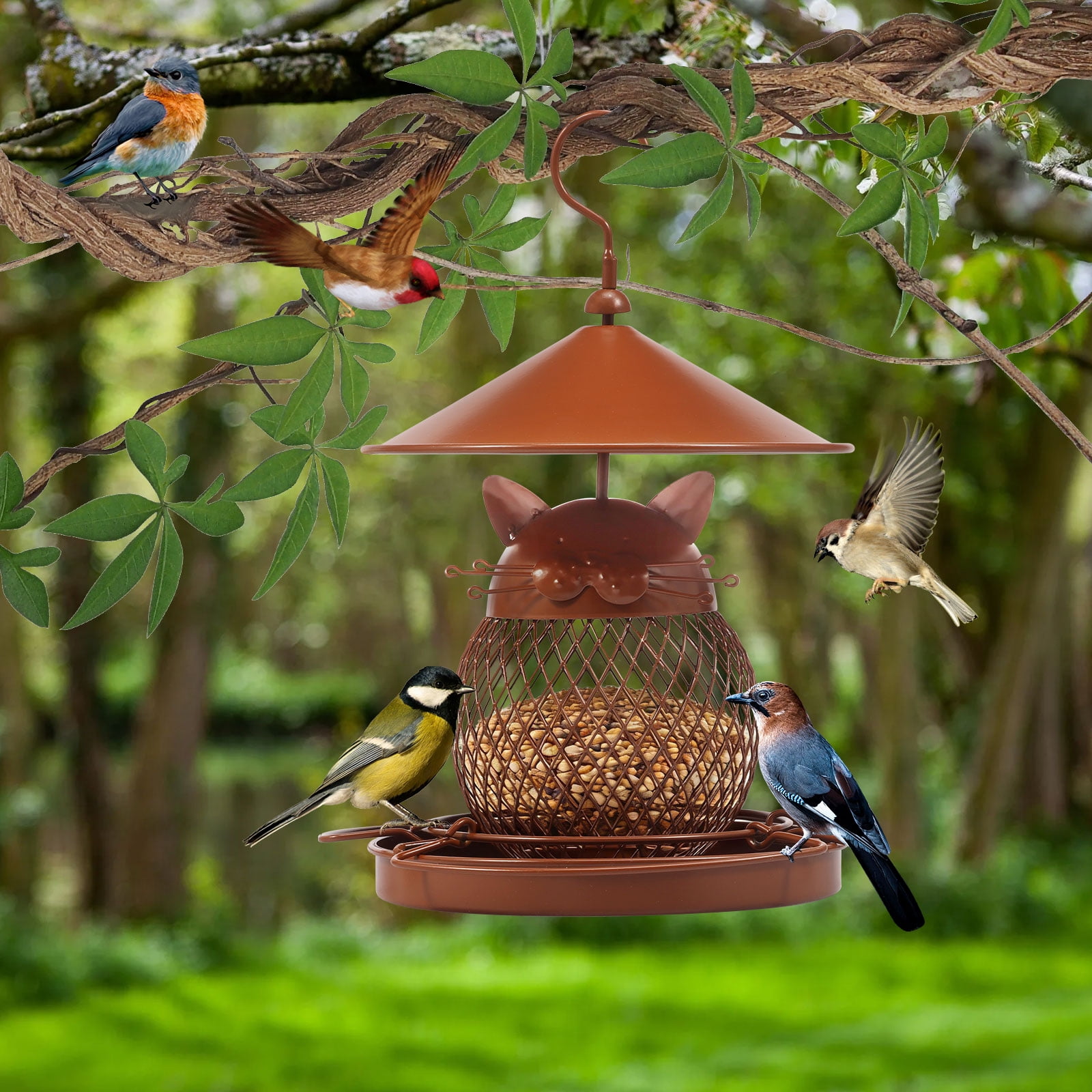 Austok Bird Feeder for Outdoor Squirrel Proof Metal Wild Bird Feeder Decoration for Hanging Outside Garden Yard Cute Cat Shaped
