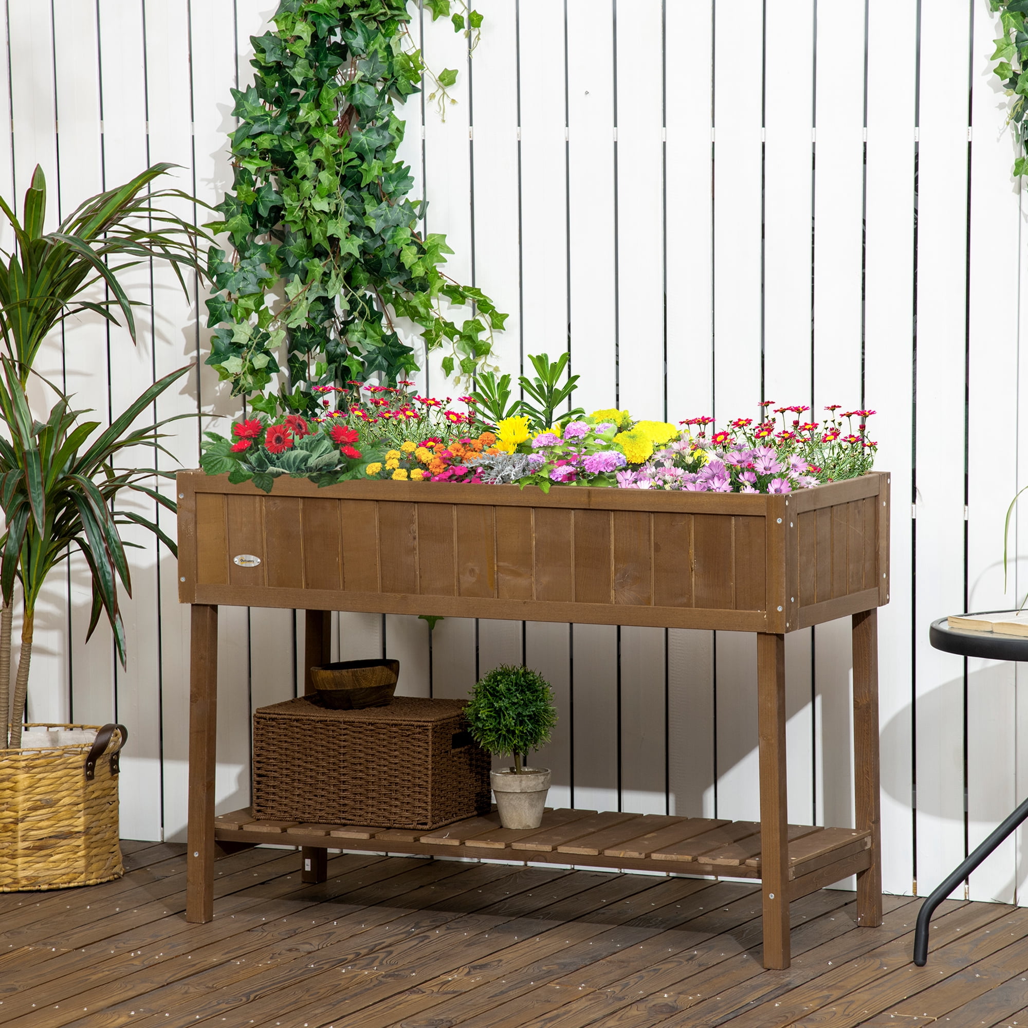 Raised Garden Bed with 8 Pockets and Shelf, Wooden Elevated Planter Box with Legs to Grow Herbs, Vegetables, and Flowers, Dark Brown 43x18x30"