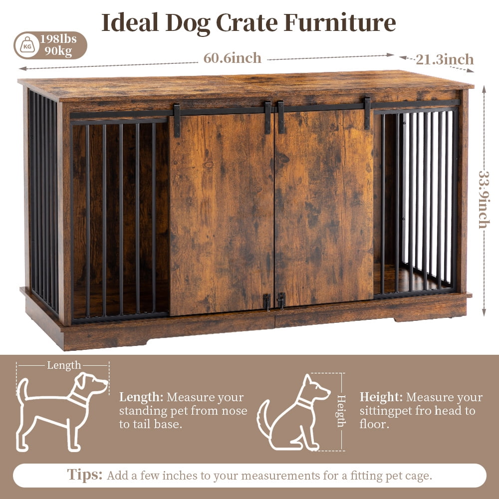 Double Dog Crate Furniture for 2 Dogs, DOMIPET Heavy-Duty Dog Kennel TV Stand with Divider and Sliding Doors, Large Dog Cage for Pet Cat Animals