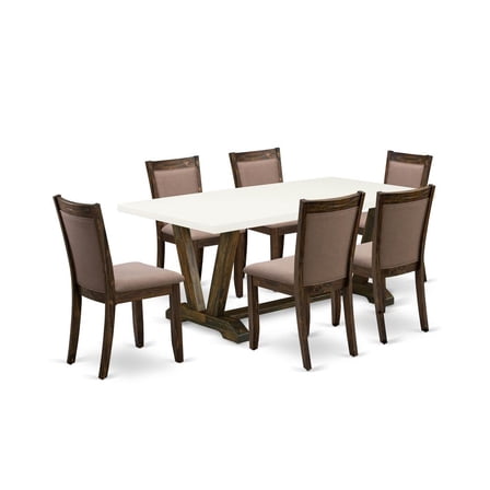 East West Furniture V727MZ748-7 7 Pc Modern Dining Set - A Kitchen Table with Trestle Base and 6 Coffee Dinning Chairs - Distressed Jacobean Finish