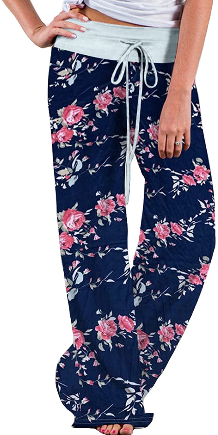 TOPBIGGER Womens Comfy Casual Pajama Pants Floral Print Drawstring Palazzo Lounge Pants Wide Leg Pants 