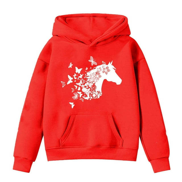 GPOECD Chandail à Capuchon à Manches Longues pour Filles avec Imprimé de Cheval, Chandail Doux à Enfiler, Mignon Graphique d'Animal, Manteau Décontracté pour Enfants Rouge, 13-14 Ans