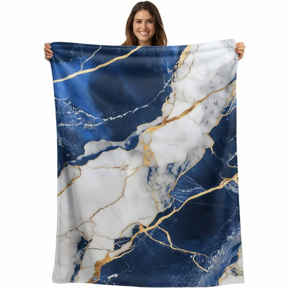 Flannel Fleece Throw Blanket Navy Blue Grey Marble Lightweight Soft Plush Blankets,Gold Foil Abstract Stripe Cozy Warm Throw Blanket for Couch Sofa Bed Car Office All Season Use 40x50in