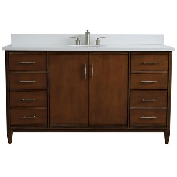MCM 61" Single Oval Sink Solid Wood Vanity in Walnut/White Quartz Stone