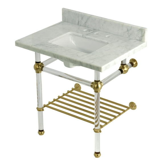 Kingston Brass KVPB3030MASQB7 Templeton 30" Carrara Marble Console Sink with Acrylic Legs and Shelf (8-Inch, 3-Hole), Carrara Marble White/Brushed Brass