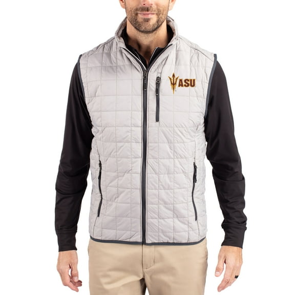 Men's-Cutter & Buck Gray Arizona State Sun Devils Rainier Eco Insulated PrimaLoft Full-Zip Puffer Vest