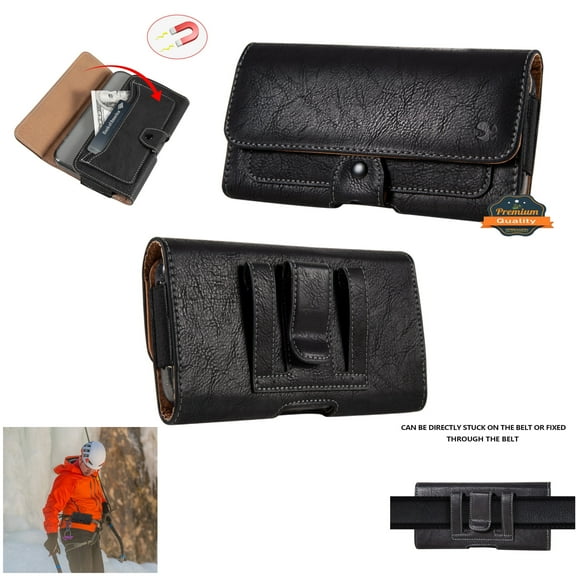 For Galaxy S24 5G Universal Phone Holder Horizontal PU Leather with Credit Card Money Slot, Belt Clip Holster Loops Carrying Pouch Screen Size 5.5" - Black