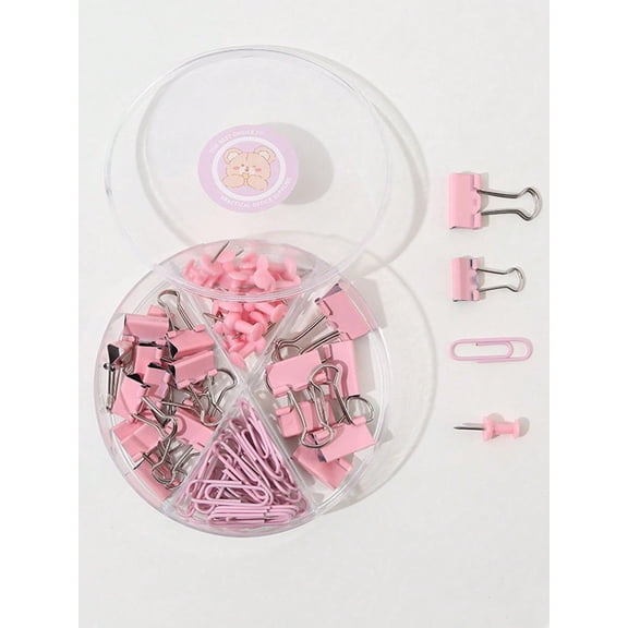 1 Box Stationery Set Includes Paper Clips Binder Clips And Push Pins Pink