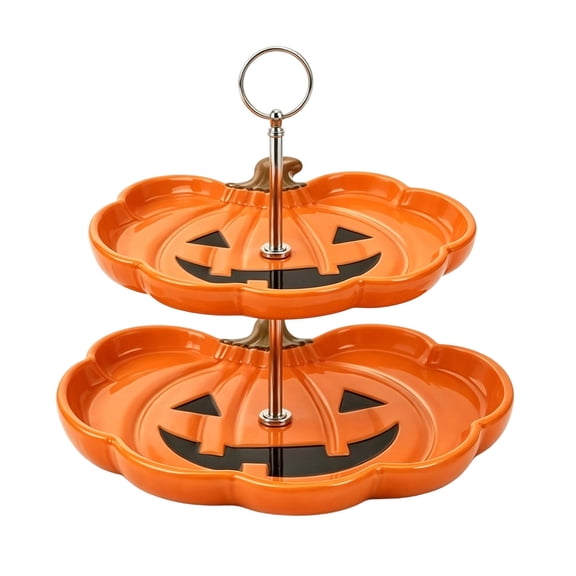 2-Tier Halloween Serving Tray, Double Layered Fruit Snack Dessert Display Plates, Stand Ghost Pumpkin Bat Spider Web Cat Shaped Party Platter for Holiday Gathering, D