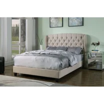 Stylish 1pc California King Platform Bed Frame, Wingback Tufted Headboard, Beige