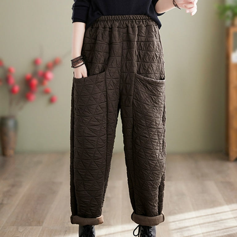 Women's Pants Wide Leg High Waisted Diamond Checked Cotton Quilted Pants  Winter Casual Solid Color Warm Loose Trousers 
