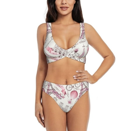 Zeuib Romantic Travel In Paris High Waisted Tummy Control Bikini Set - Knot Front Push Up Top & Cheeky Thong Bottom  Two-Piece Swimsuit for Women-Medium