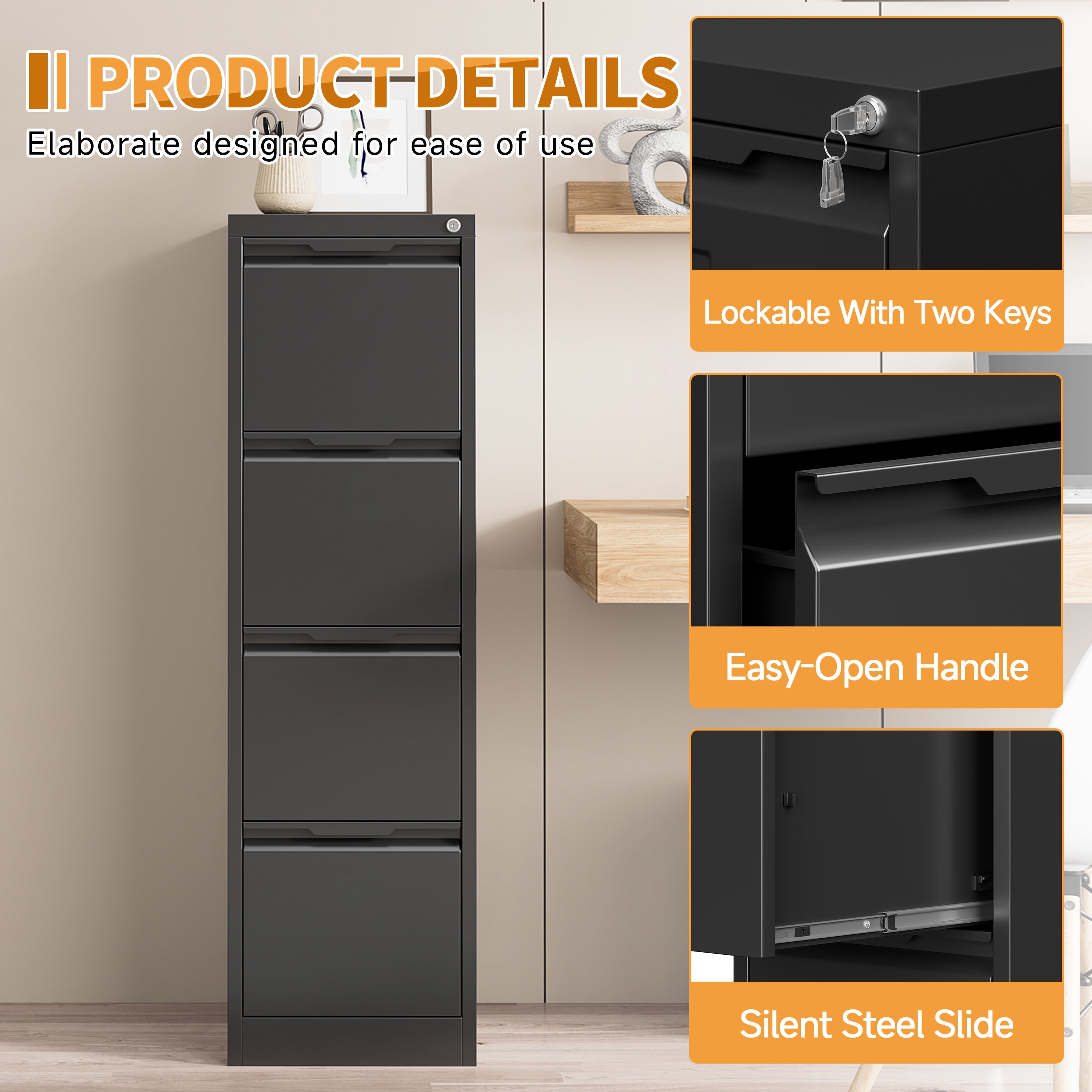 Metal File Cabinet with Lock, Storage Cabinet with 4 Drawers for Home Office,Metal Filing Cabinet for Legal/Letter/A4 Files,Assembly Required(15''W-4 Drawers,Black)