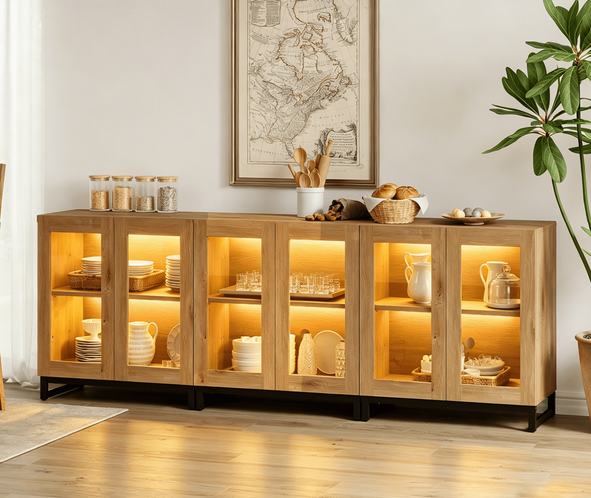 Modern Sideboard Buffet Cabinet with Glass Door & Drawer, Adjustable Shelf Credenza, Coffee Bar Storage Cabinet for Living Room & Kitchen,Oak