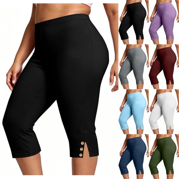 OVAFBAU Women's Capris Pants Yoga Workout Leggings Plus-Size Stretch Yoga Pants Elastic Waist Button Slit Pants
