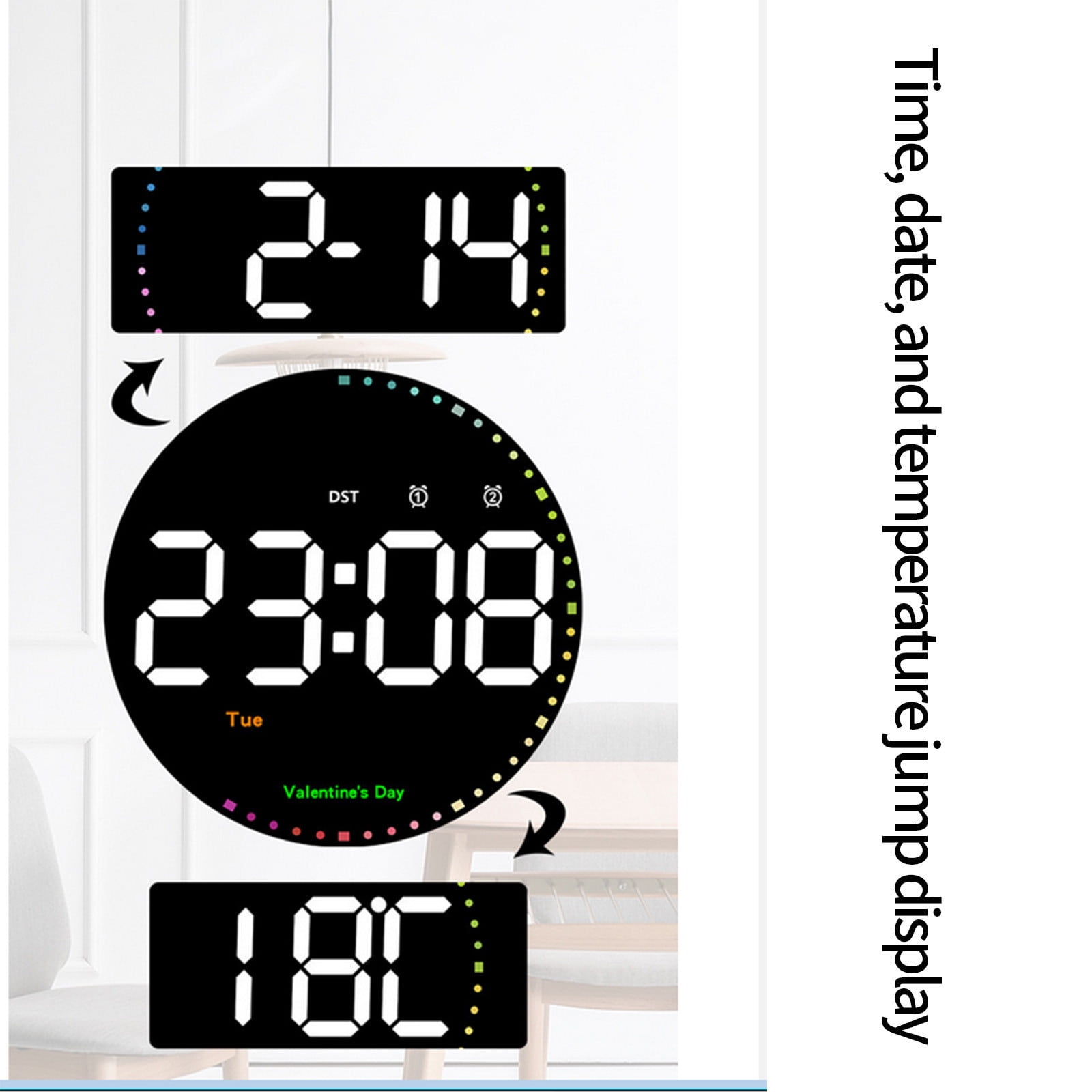 Large Digital Wall Clock with Seconds, Alarm Countdown Timer, Big LED Display, Color, DST, Temperature, Mounted for Bedroom Living Room Office Classroom Gym, Xmas Birthday Gift