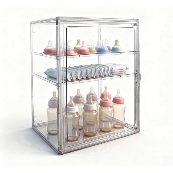 Baby Bottle Organizer, 3 Tiers Adjustable Clear Acrylic Storage Station Case Box Container for Bottles, Pacifiers, Pump Parts, Bottle Organizer Baby for Countertop and Cabinet