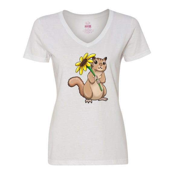 Inktastic Cute Chipmunk with Sunflower Women's V-Neck T-Shirt