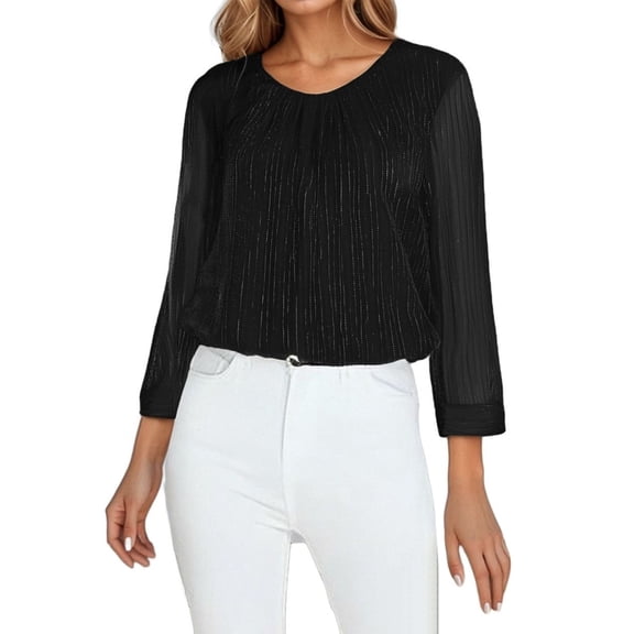 RMGVDSD Women Tops T Shirt Shiny Loose Fit Mesh Ruched Double Layer Waist Cinching Top Casual Tees Blouse