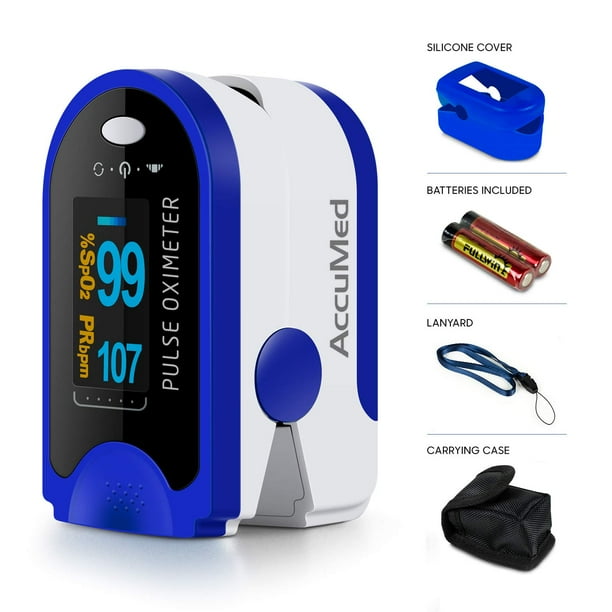 AccuMed Pulse Oximeter, Sp02 Finger Blood Pulse Oxygen Monitor, w/Carrying case, Lanyard Silicon