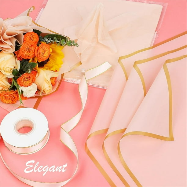 20 Hojas de Papel de Regalo de Flores con Borde Dorado, Papel de Embalaje para Ramo, Suministros de Ramo de Floristería para Boda (Negro)