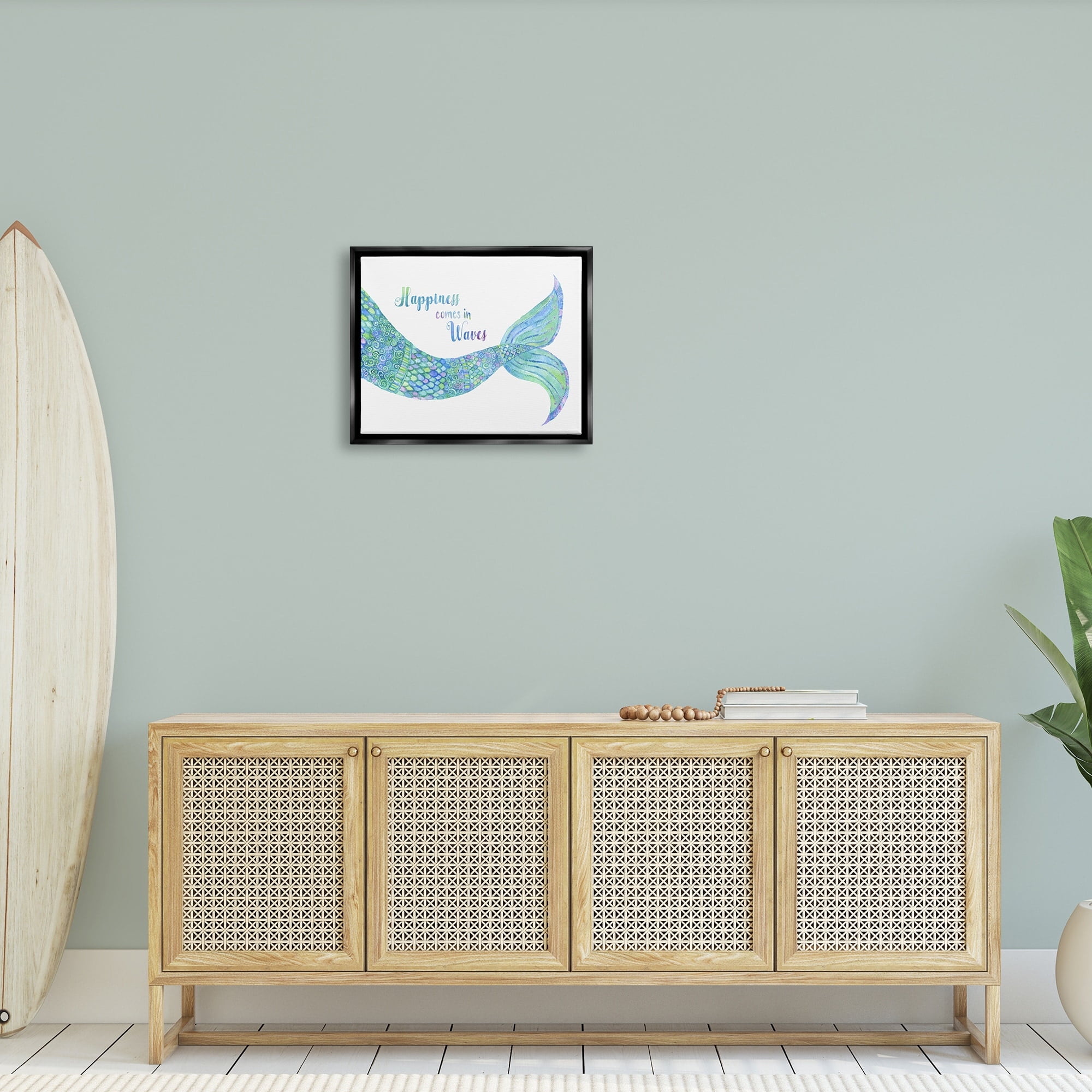 Stupell Industries Happiness Comes in Waves Detailed Mermaid Tail Sentiment Painting Metallic Gold Floating Framed Canvas Print Wall Art, Design by Jackie Decker