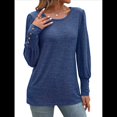 thumbnail image 3 of Blusas Casuales Holgadas de Larga y Corta Abullonada para Mujer, con Cuello Redondo y Botones. Azul L, 3 of 9