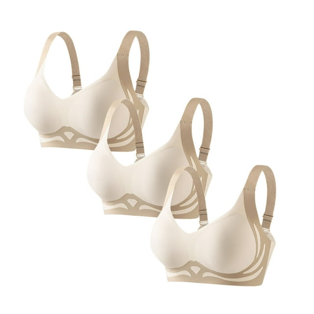 Women's 3 PCS Push Up Bralettes Color Block No Underwire Bras Full Coverage Lifting Soft Cup Everyday Bras Beige, 44/100B