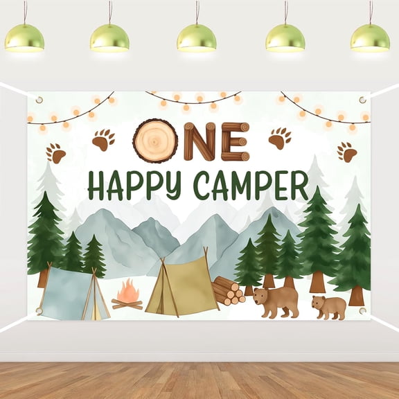 7x5FT One Happy Camper Birthday Backdrop Forest Camper Birthday Photography Background for Boys Bear Adventure First Birthday Party Decorations Banner Supplies Photo Booth Props