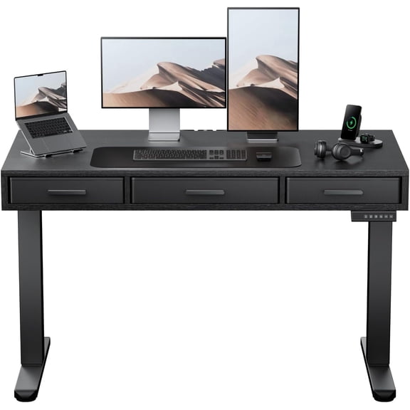 Kyspho Electric Standing Desk with Drawers, C-Clamp Mount Compatible, 48 x 24 Inch Height Adjustable Sit Stand Desk, Fabric Drawers, Home Office Stand Up Desk with 4 Custom Height Settings, Black