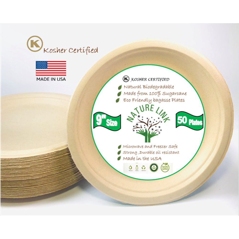 Nature Link Kosher Certified Made in USA 9"Paper Plates (50) Pack 100