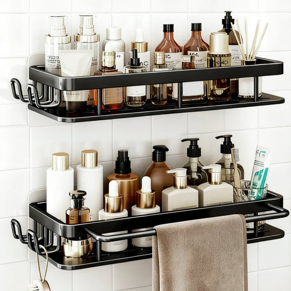 2 Pack Adhesive Shower Caddy Organizer Rustproof Shower Shelves with Towel Rack Black