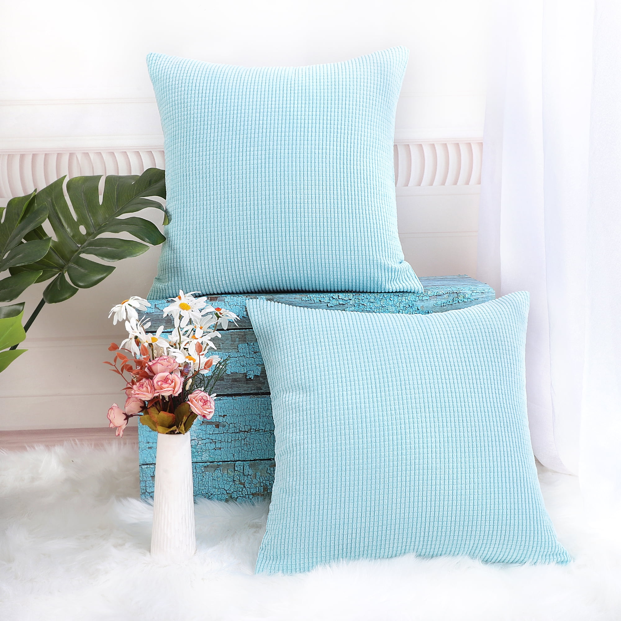 Unique Bargains 2-pcs Corduroy Decorative Throw Pillow Covers Light Blue 18"x18"