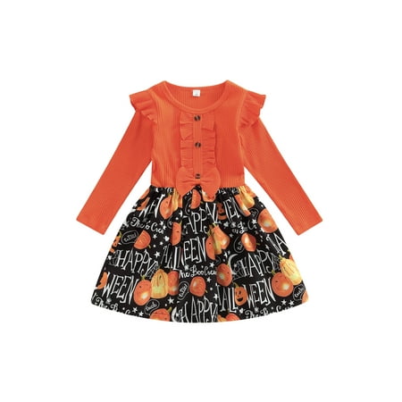 

Diconna Kids Girl Long Sleeve Dress with Pumpkin Letter Print Ruffle Decoration Bow Holiday Clothing Orange 3-4 Years