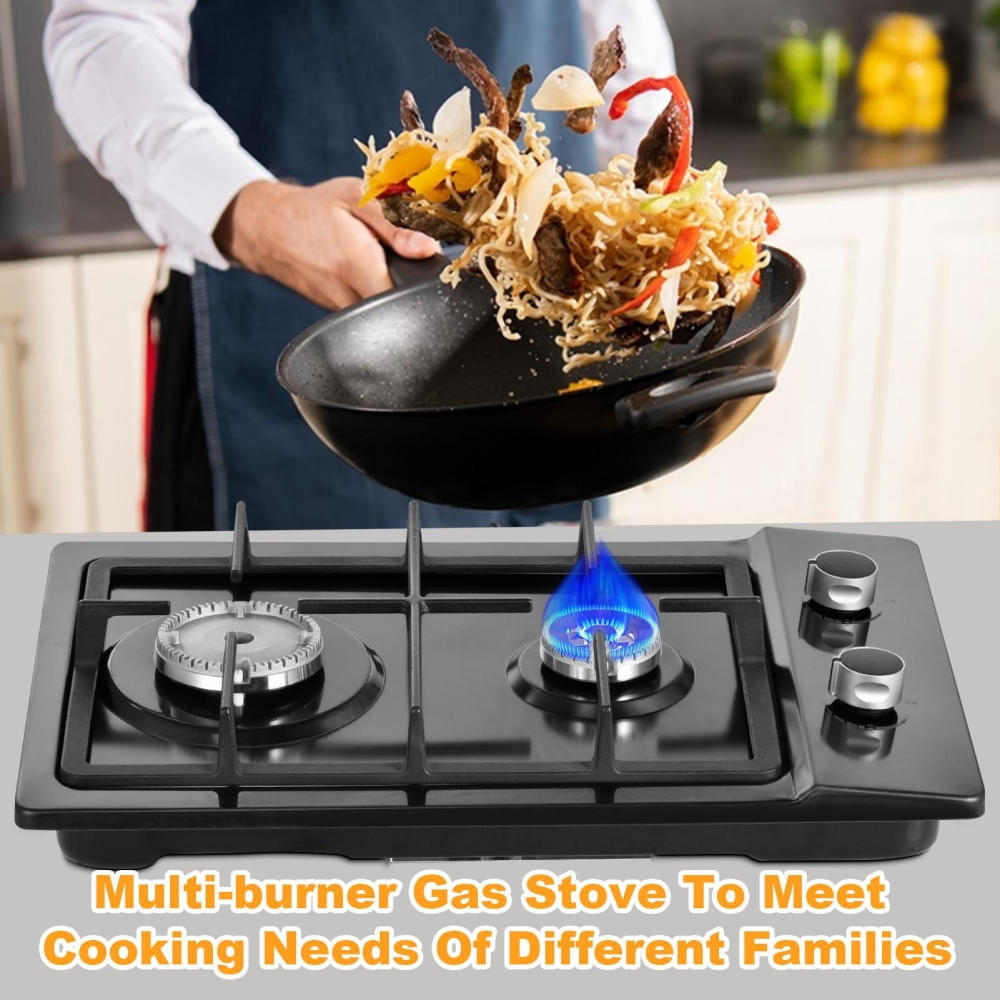 Flylapdo 110V 1.75kW Electric Ignition Propane Cooktop, Convertible Nozzles Stainless Steel 2 Burners Stove for Home and Commercial Kitchens