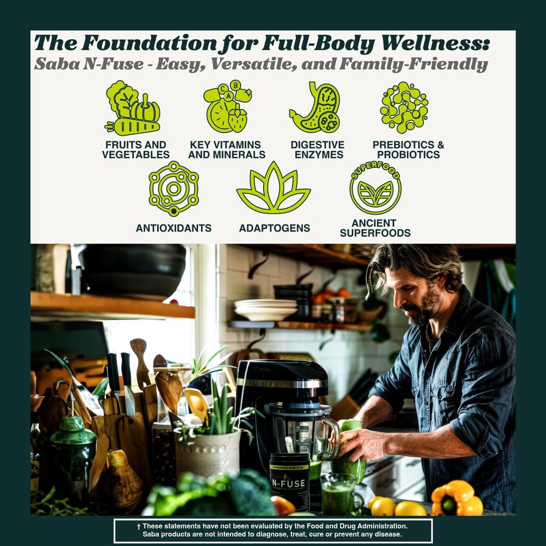 Saba N-Fuse-Supper Foods-Phytonutrients, Super Fruits, Pre & Probiotics, Enzymes, Adaptogens, Antioxidants-Eliminate Toxins, Gas. Provides Digestive Support, Boost, Immune System & Energy-30 Servings