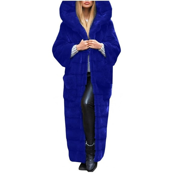Whlbf Winter Coats for Women Plus Size,Womens Faux-Fur Long Sleeve Waistcoat Body Solid Color Hooded Long Jacket Coat Outwear