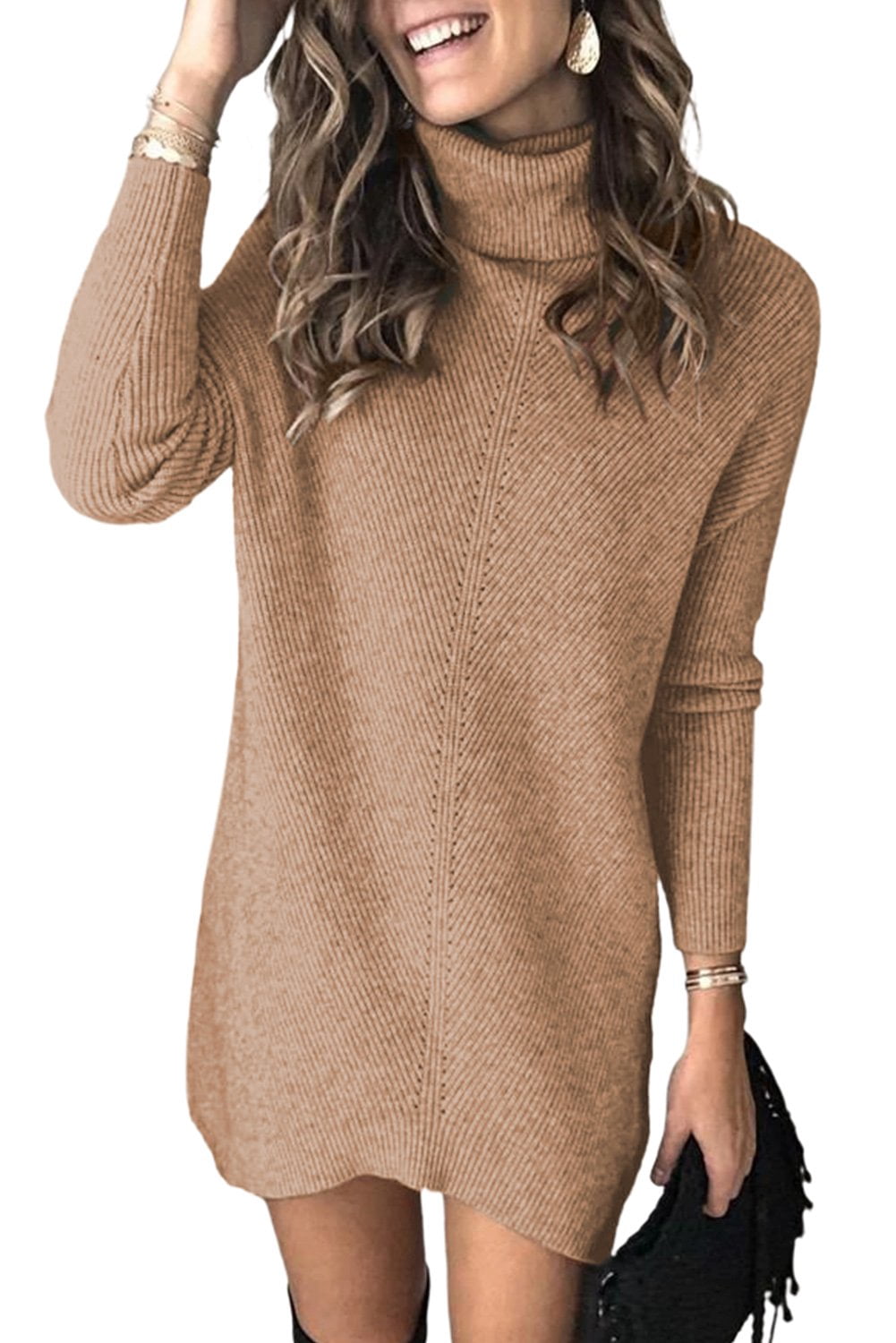 Women Brown Turtleneck Long Sleeve 