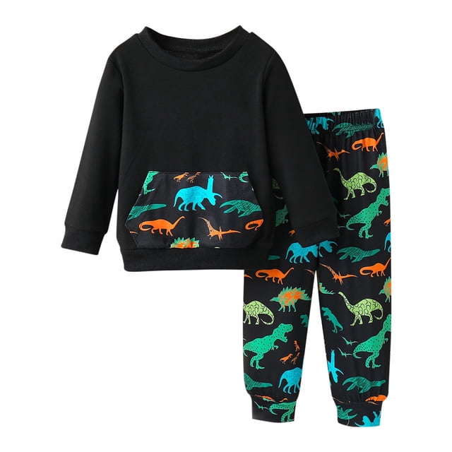 Odeerbi 1-6 Años Niños Conjunto de Algodón Sudaderas Dinosaurio Cuello Redondo Sudaderas Pantalones de Chándal Conjunto de Dos Piezas Ropa de Dormir Conjunto de Ropa de Casa