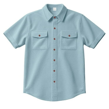 Men's Short Sleeve Tops Light Blue Collared Solid Color