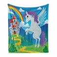 thumbnail image 1 of Fantasy Soft Flannel Fleece Throw Blanket, Surreal Mythical Unicorn Rainbow and Medieval Castle Fairy Tale Cartoon Design, Cozy Plush for Indoor and Outdoor Use, 70" x 90", Multicolor, by Ambesonne, 1 of 6