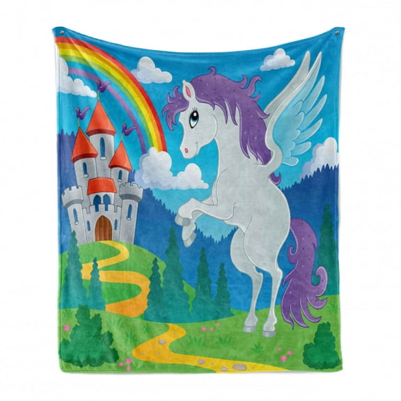 Fantasy Soft Flannel Fleece Throw Blanket, Surreal Mythical Unicorn Rainbow and Medieval Castle Fairy Tale Cartoon Design, Cozy Plush for Indoor and Outdoor Use, 60" x 80", Multicolor, by Ambesonne