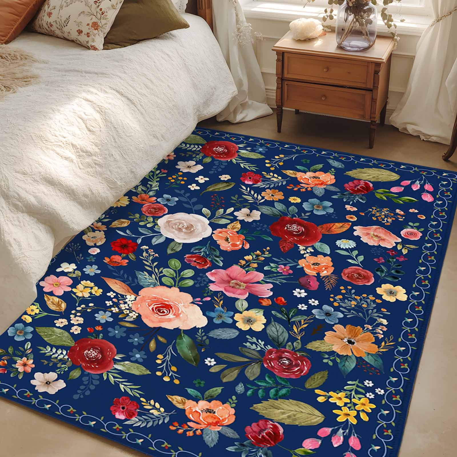 Navy Blue Flowers Area Rugs 4'x6', Washable Small Throw Rugs for Office Bathroom, Spring Vintage Floral Leaves Farmhouse Indoor Outdoor Rug Non-Slip Low Pile Carpet Runner Reversible Floor Mats