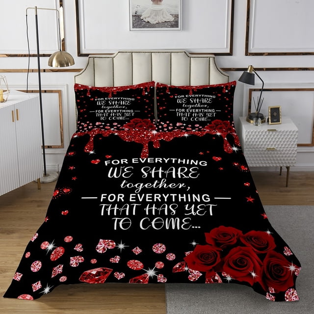 Erosebridal Romantic Valentines Coverlet Set King, Chic Rose Bedding Set, Black, Red