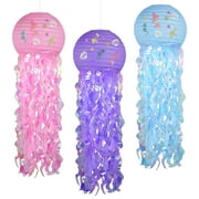 3pcs Multicolored Jellyfish Lanterns, EEEkit 3 Color Mermaid Hanging Jellyfish Paper Lanterns Kit with Bright Strip Decoration and Mermaid Stickers, for Ocean Theme Party Birthday Decorations