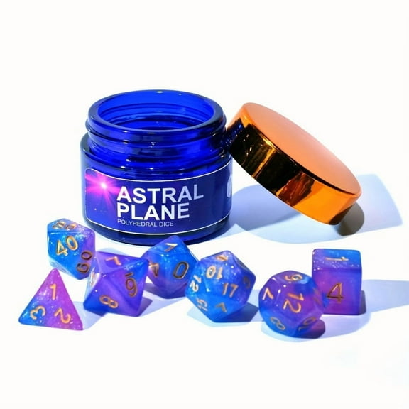 galaxy Polyhedral Dice Set with Jar Astrological Symbols for Role-Playing Games, Parties & Cosmic Themes - Durable Acrylic Dice for Role-Playing Games