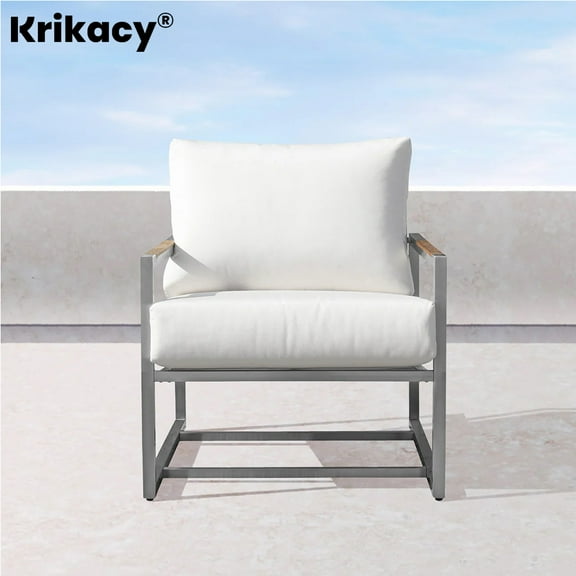 Krikacy Stainless Steel Teak Outdoor Hanging Chair All-Weather for Patio,with White Thick Cushion